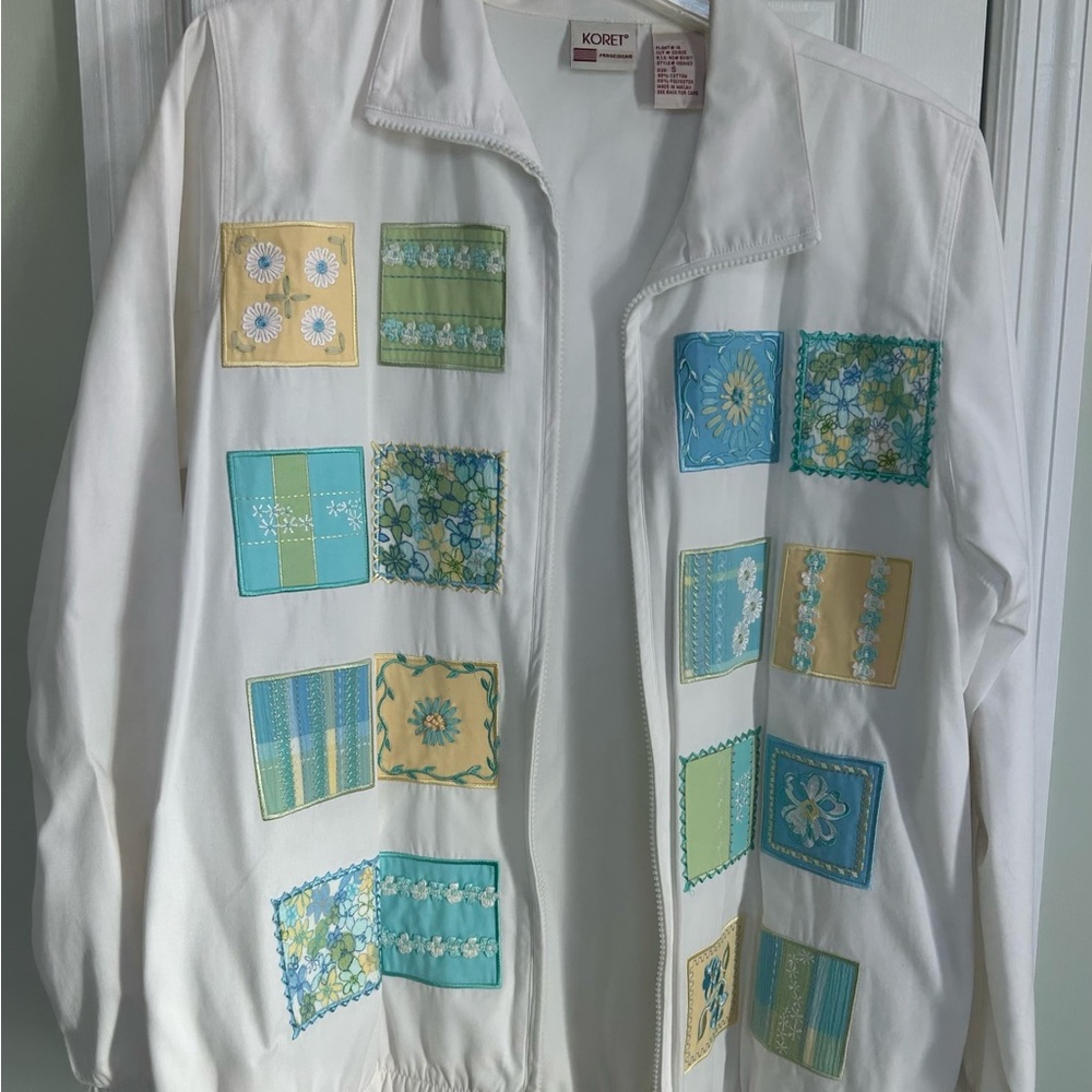 Koret Women's White Bomber Jacket with Blue and Green Accents